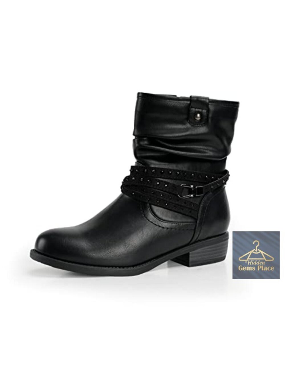 Women's Mid Calf Boot Round Toe Low Heel Slouchy Bootie Side Zipper Buckle Strap